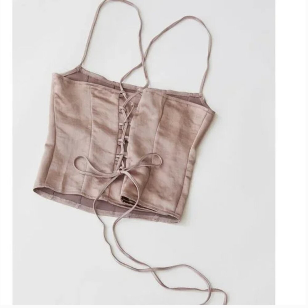 ⭐️ Motel Cosey Satin Crop Corset Boho Lace-Up Art Hip Hippie Farm Blouse Top